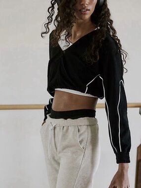 Free People Black Cropped Wrap Top with White Piping